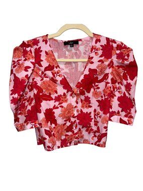 Lulus Floral Button-Up Blouse Crop Top Small V-Neck Short Sleeve Pink & Red